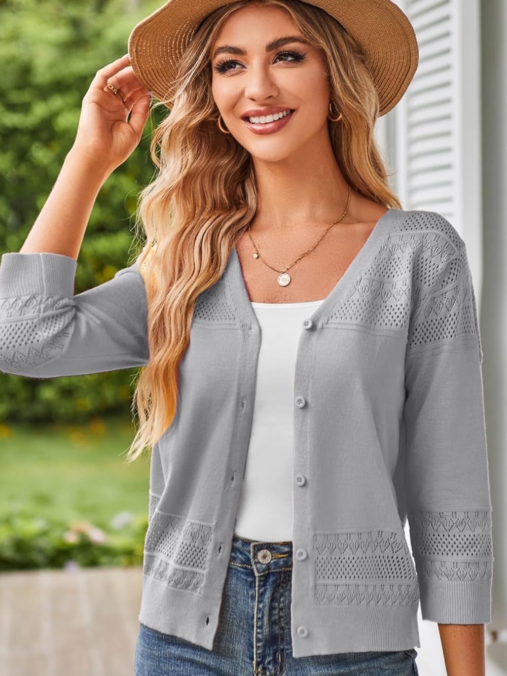Grace Karin Light Gray Button-Up Openwork Knit Cardigan